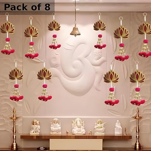 Cardboard Handmade Wall Decor Lotus with Pom-Pom Style (Set of 8 Pcs), Hanging for Home Decor,Diwali Decor, Wedding and All Festival Decor | Lotus Hangings for Home Decoration | - Image 3
