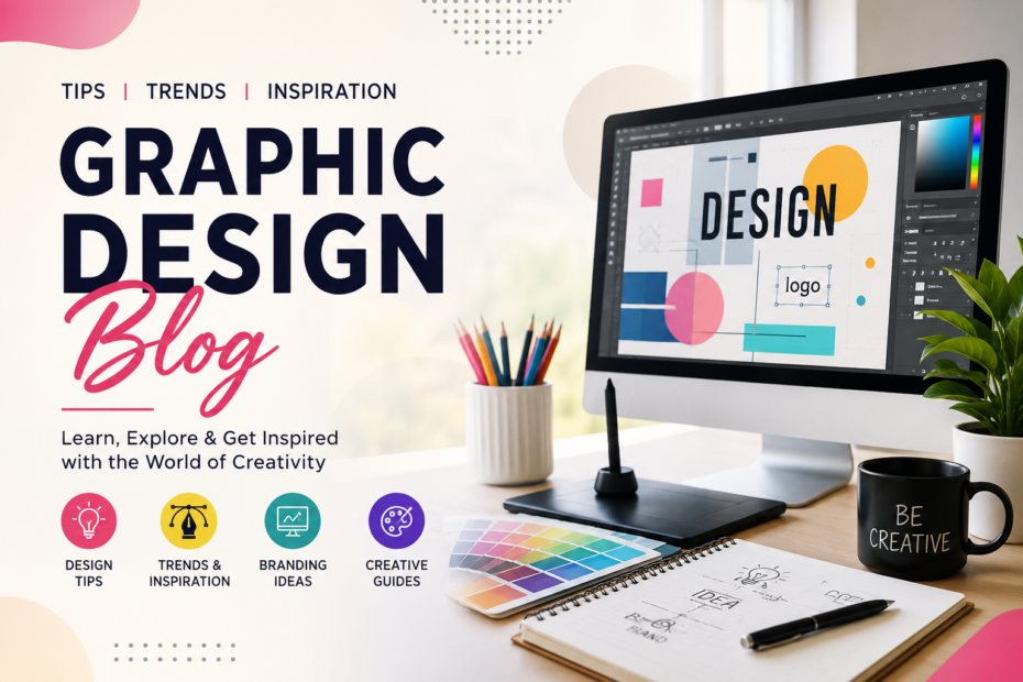 Graphic design blog banner showing creative workspace with computer, color palette, and design tools