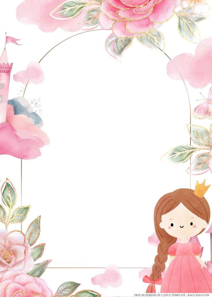 Baby girl birthday invitation card with floral watercolor design and cute princess illustration