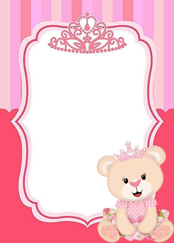 Baby girl birthday invitation card with pink princess theme and cute teddy bear design
