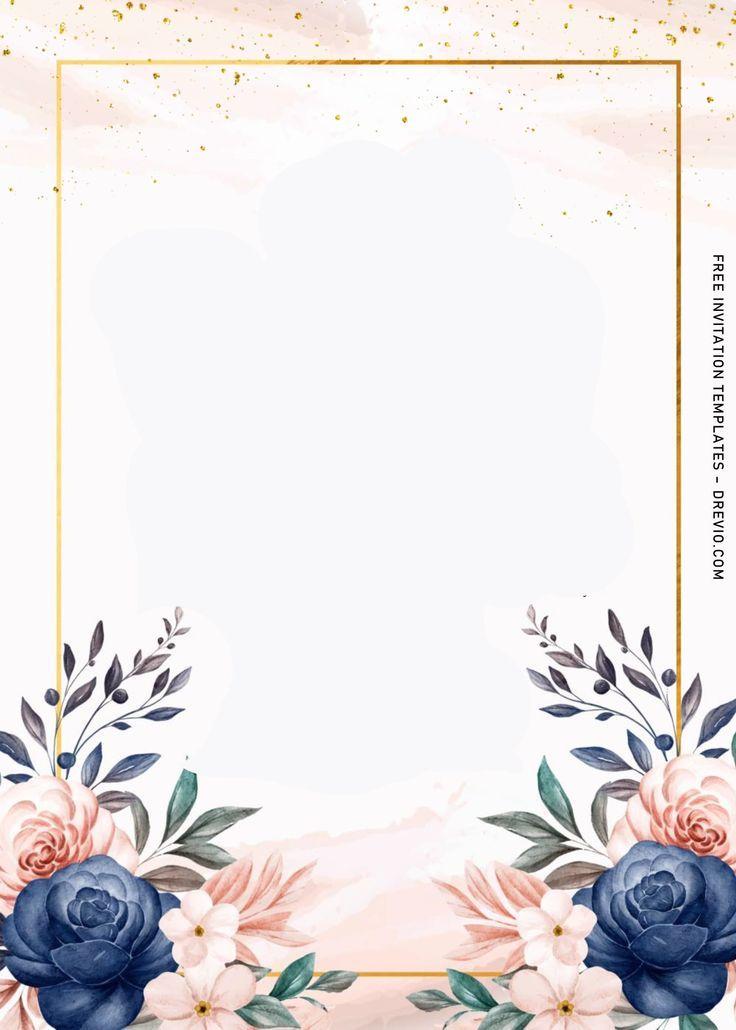 Elegant floral birthday invitation card with gold border and watercolor flower design