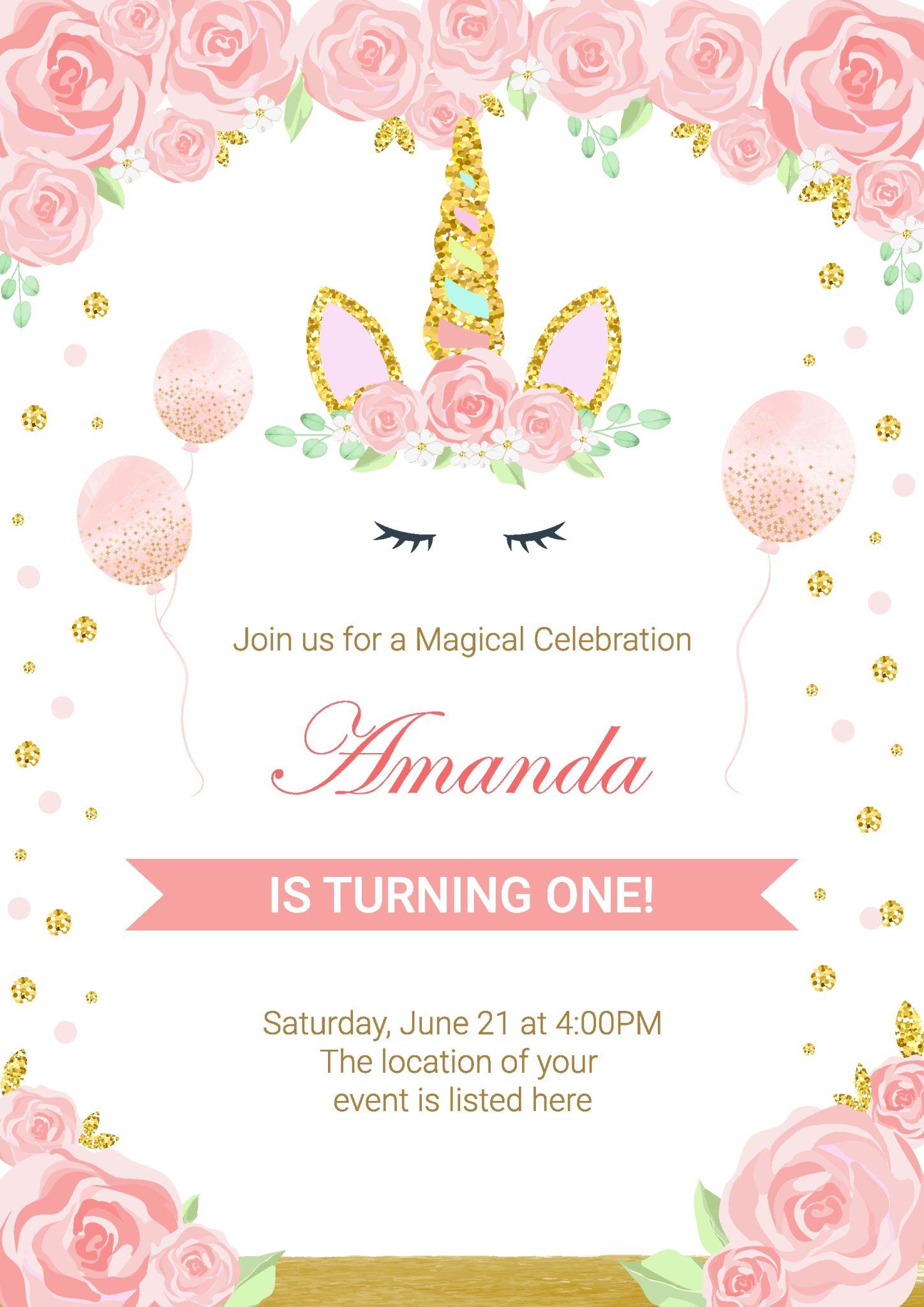 Unicorn baby girl birthday invitation card with floral crown and gold glitter design